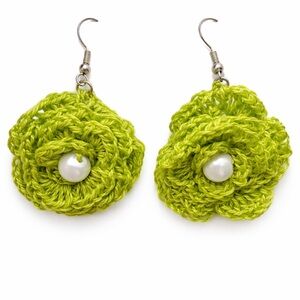 Lime Green Crochet Flower Earrings with Pearl Accent